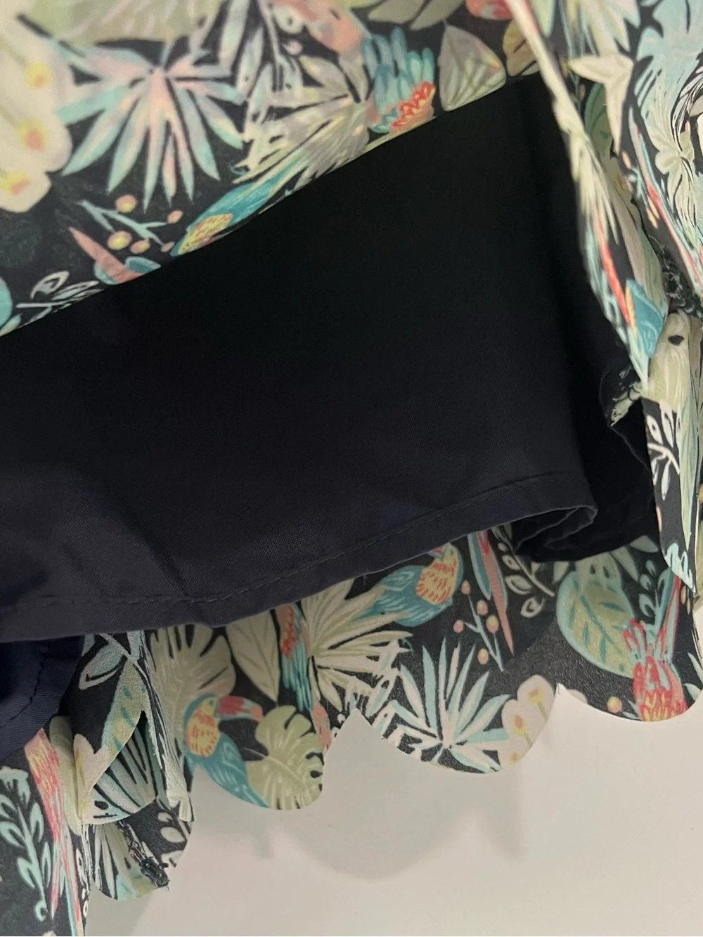 High Waisted Tropical Beach Scalloped Lined Shorts Blue Green Floral Birds S